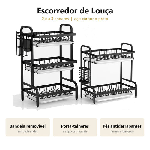 Escorredor de louça de 2 ou 3 andares em aço preto