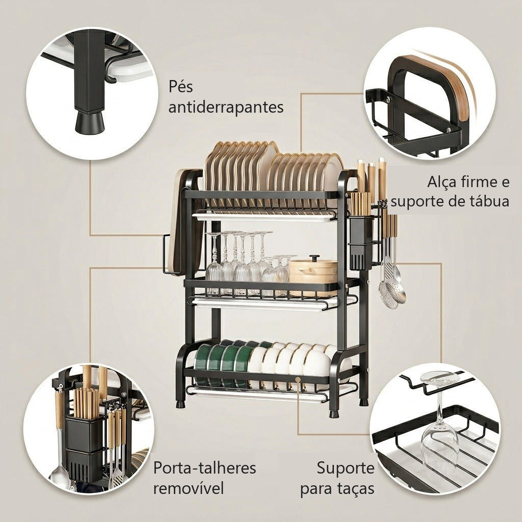 Pés antiderrapantes, suporte de tábua, porta-talheres e suporte para taças