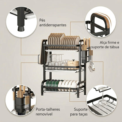 Pés antiderrapantes, suporte de tábua, porta-talheres e suporte para taças