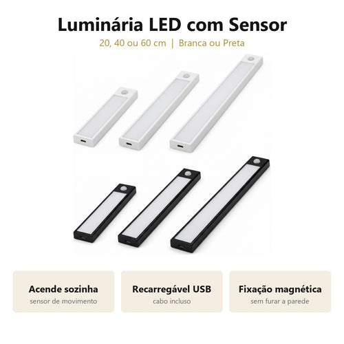 Luminária LED Inteligente com Sensor de Movimento — Sem Fio e Recarregável USB